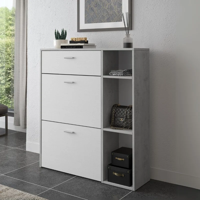Scarpiera Takimi con 2 ante a ribalta 1 cassetto colore cemento e bianco