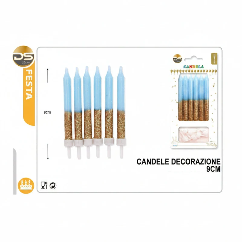 Dz Party Candele Decorate Azzurro Glitter 7.8Cm 6Pz
