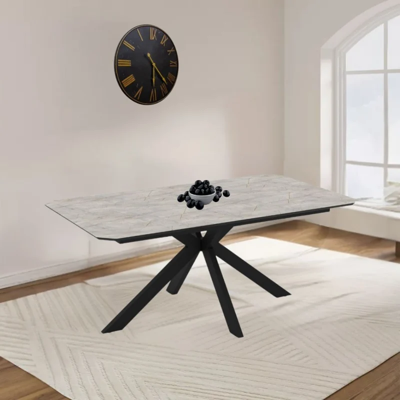 Tavolo allungabile Opera in piano lagina effetto marmo grigio opaco e struttura in metallo nero