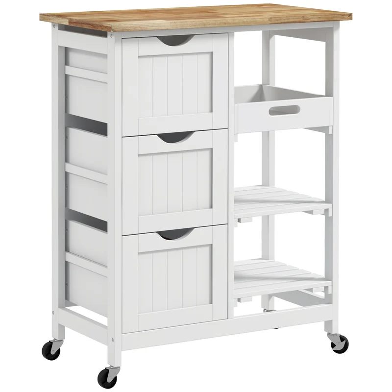 Carrello da Cucina 67x37x85,5 cm con 3 Cassetti e 3 Ripiani Aperti in Legno Bianco