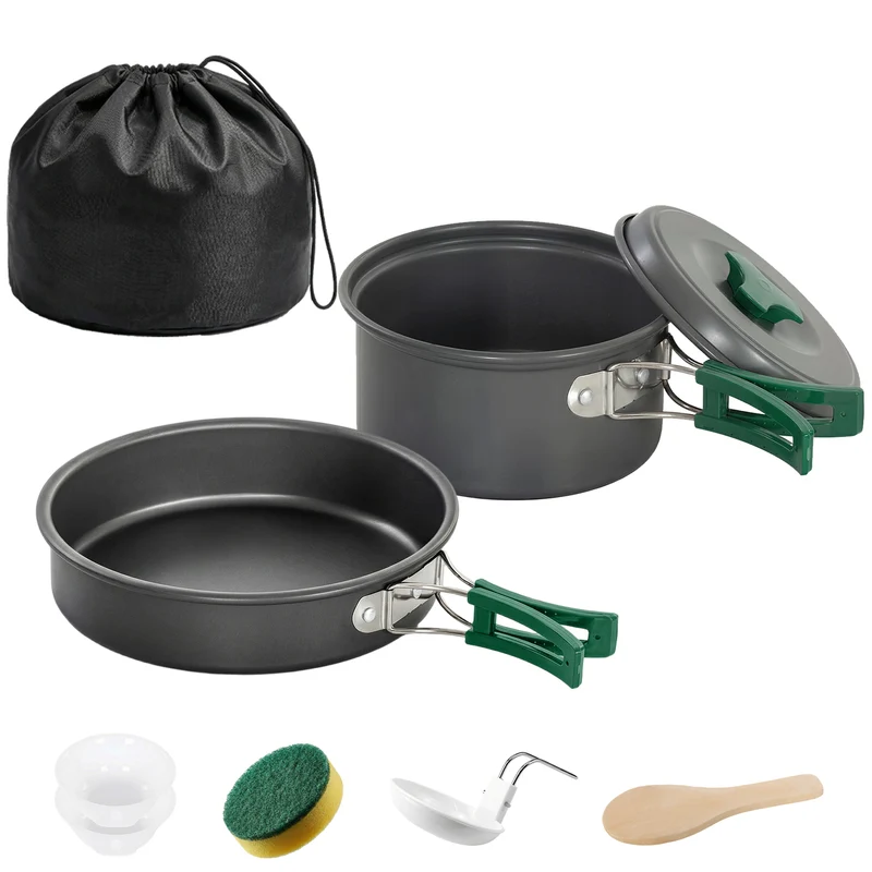 Set 8 Pezzi da Cucina per Campeggio Kit Ultraleggero con Manici Anti-Scottatura in Alluminio Grigio