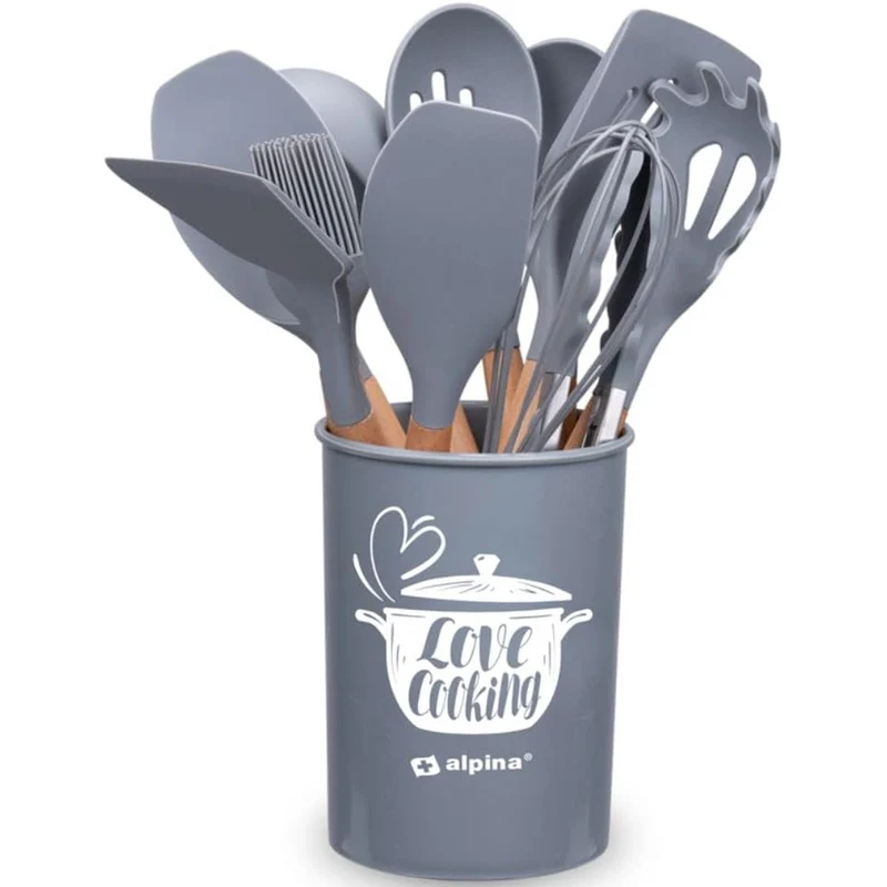Set 12 Utensili da Cucina con Supporto in Silicone e Manico Legno Grigio