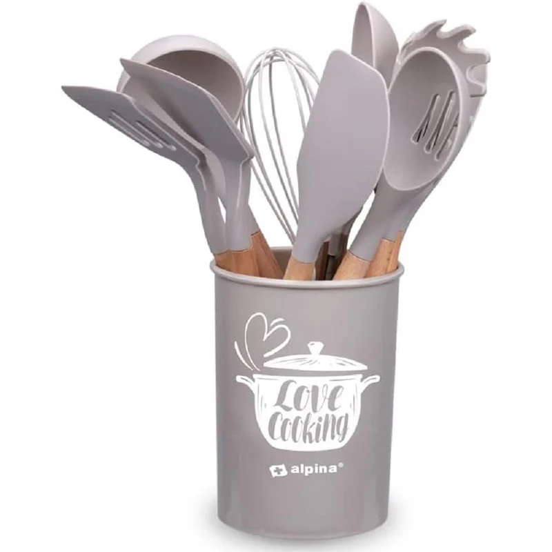 Set 12 Utensili da Cucina con Supporto in Silicone e Manico Legno Tortora
