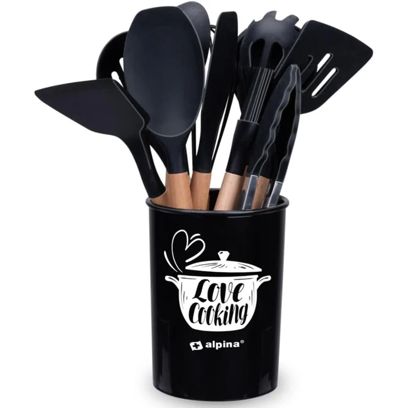 Set 12 Utensili da Cucina con Supporto in Silicone e Manico Legno Nero