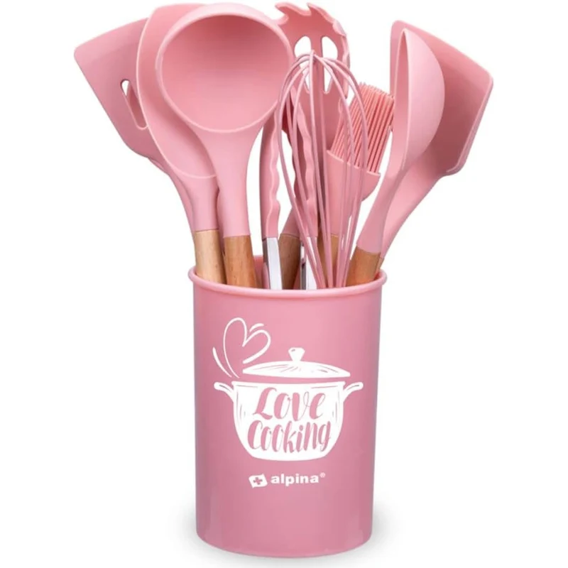 Set 12 Utensili da Cucina con Supporto in Silicone e Manico Legno Rosa