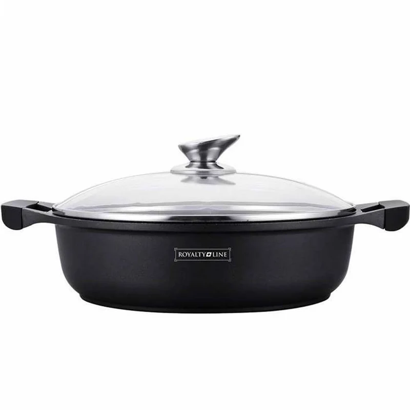 Pentola Bassa 30 cm Royalty Line Rivestimento in Pietra Marmo Antiaderente Coperchio in Vetro