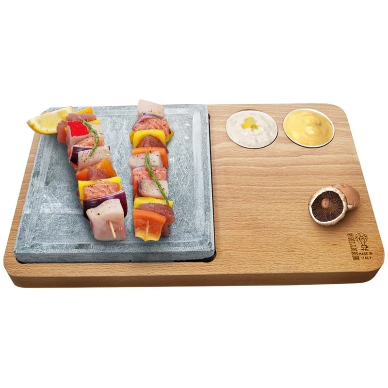 Tagliere Vassoio 39,5x23x5 cm in Legno di Faggio con Pietra Ollare e 2 Porta Salse per Carne