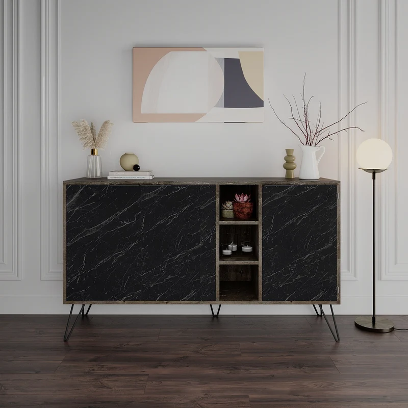Madia Clara Bendir dark coffe 3 ante effetto marmo nero 142x35,6x83h