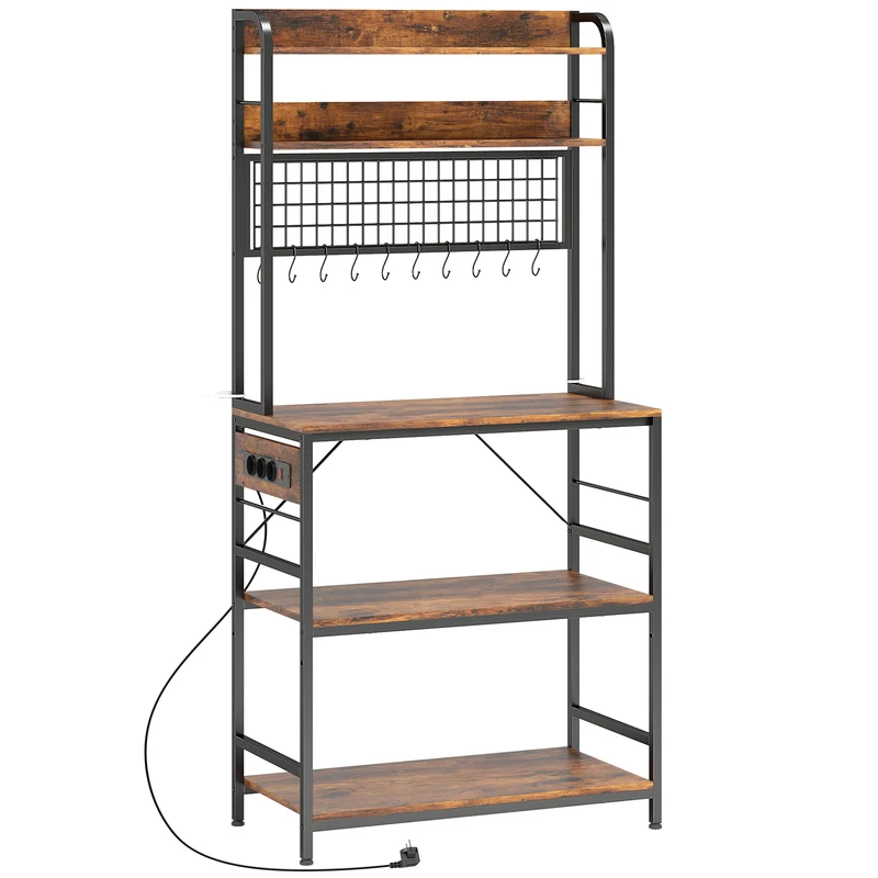 Scaffale da Cucina 80x40x170 cm con Stazione di Ricarica 5 Ripiani e 10 Ganci a S in Legno e Acciaio Marrone