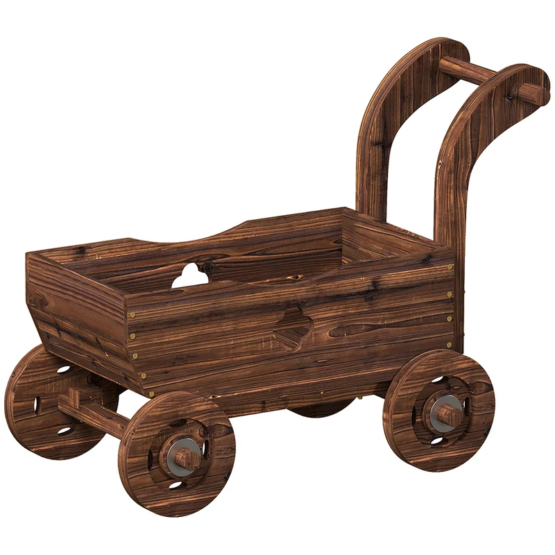 Fioriera a Carretto 68x38x52 cm con 4 Ruote Maniglia e Fori di Drenaggio in Legno