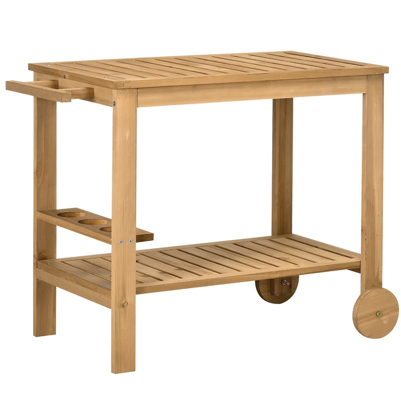 Carrello Portavivande da Giardino 95x47x74 cm con 2 Ripiani e Portabottiglie in Legno