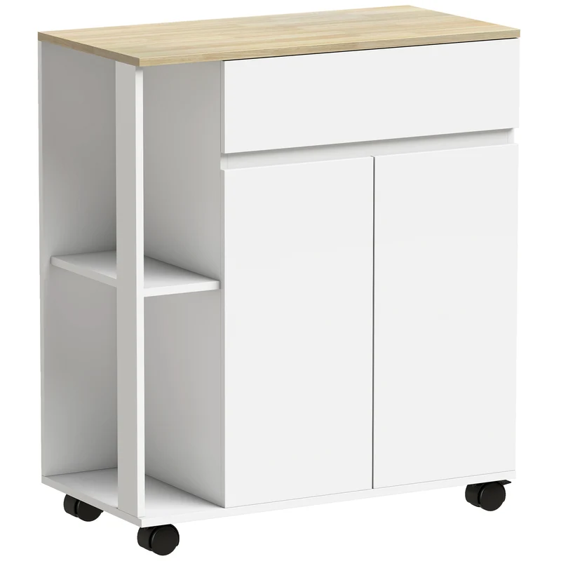 Carrello Isola da Cucina 78x39,5x88,5 cm con Cassetto Armadietto e 2 Ripiani Laterali in Legno Bianco e Rovere