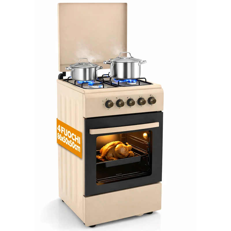 Cucina a Gas 86x50x50 cm Piano Cottura a 4 Fuochi da Esterno con Forno e Coprifuochi Beige