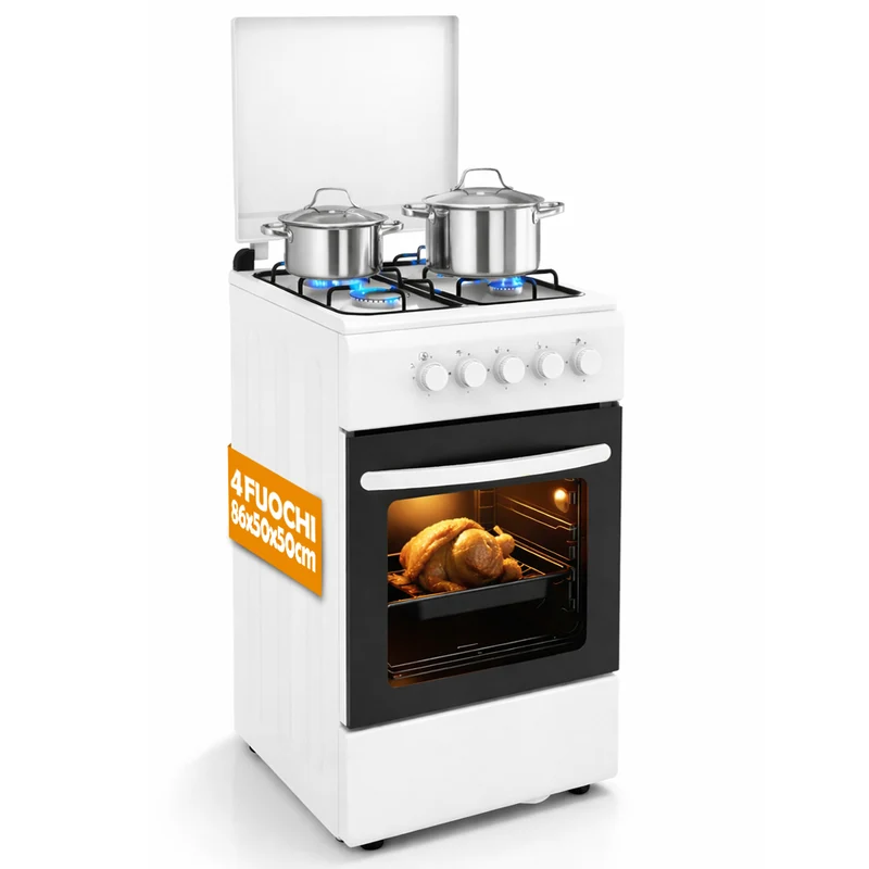 Cucina a Gas 86x50x50 cm Piano Cottura a 4 Fuochi da Esterno con Forno e Coprifuochi Bianco