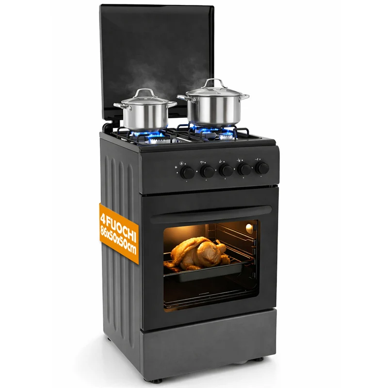 Cucina a Gas 86x50x50 cm Piano Cottura a 4 Fuochi da Esterno con Forno e Coprifuochi Nero