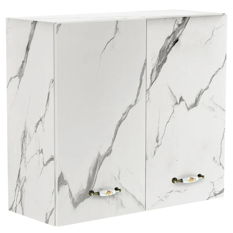 Pensile da Cucina Armadio Sospeso da Parete Doppia Anta in Legno Bianco Effetto Marmo
