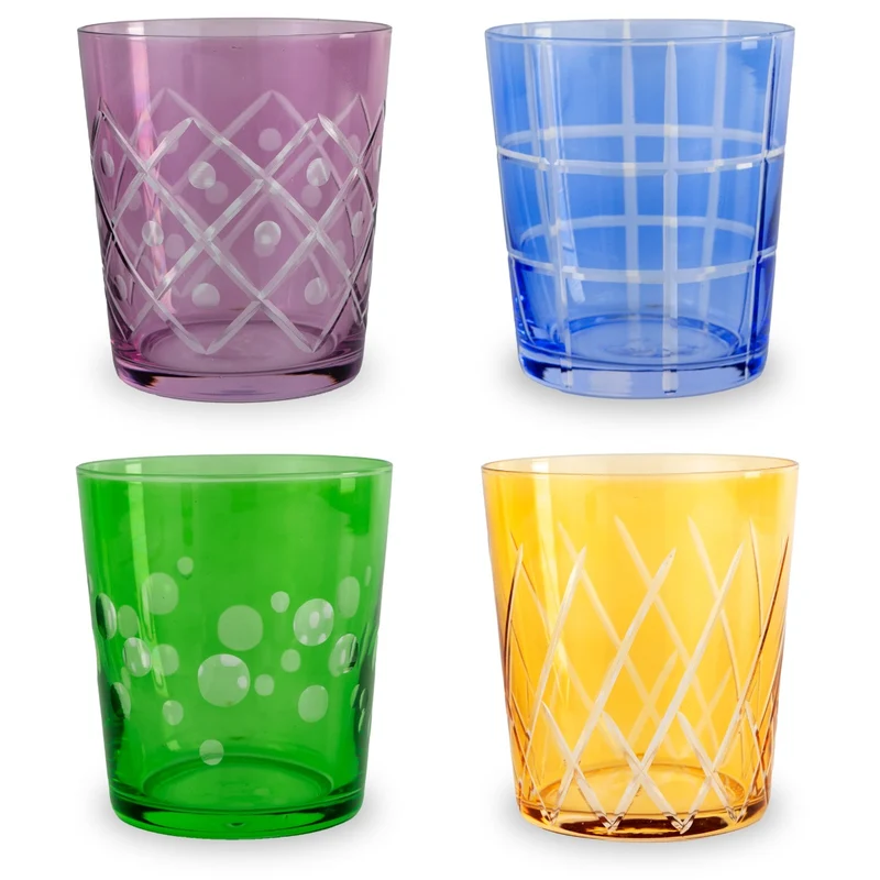 Set 4 bicchieri in vetro con molature - Capacità 300ml Decori misti