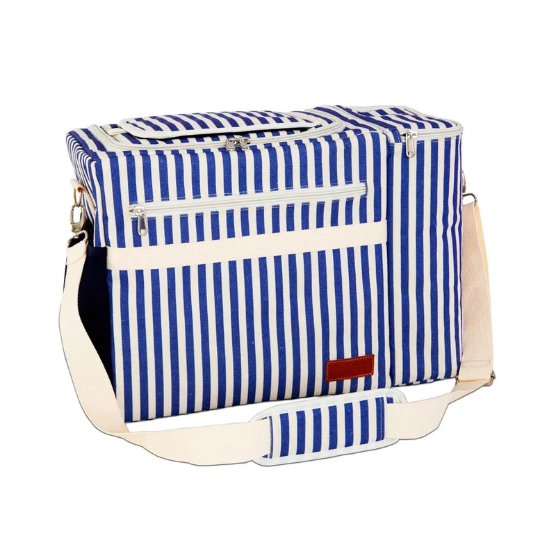 Borsa termica a righe - tasca per bottiglie 25L / Crema - Blu