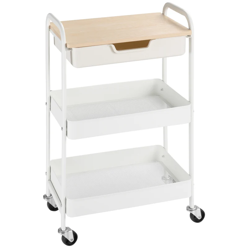 Carrello da Cucina Multiuso con Ruote Girevoli 2 Cesti Cassetto e Piano in Legno Bianco