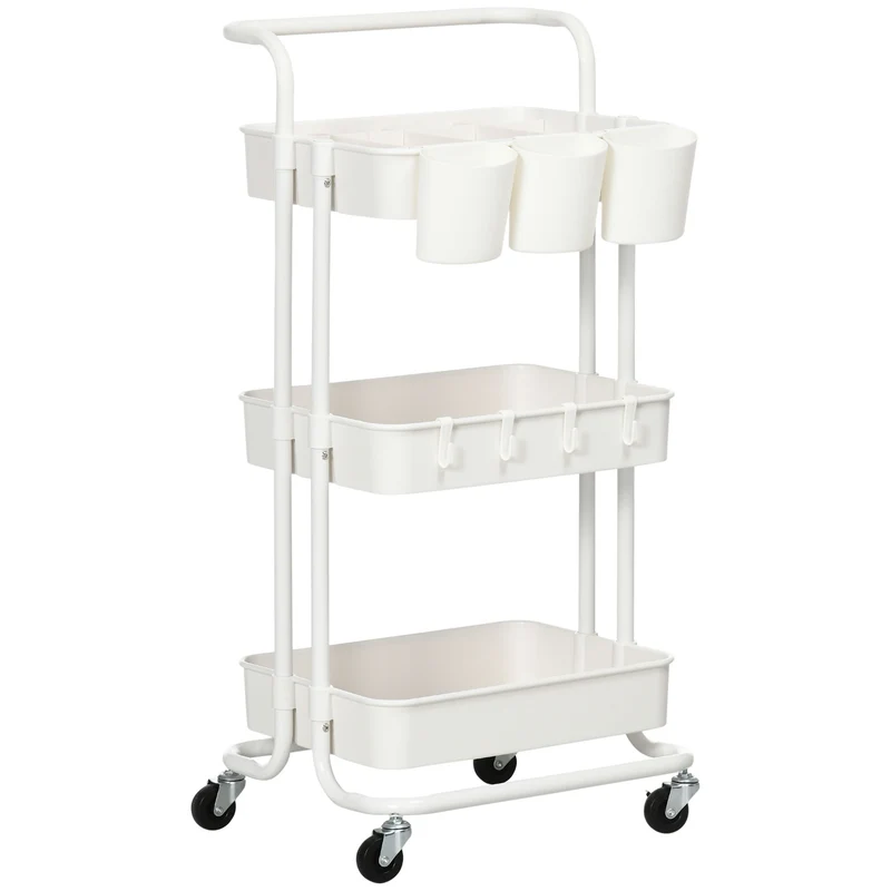 Carrello da Cucina Multiuso a 3 Livelli con Cestini e Ganci Rimovibili Ripiano con 12 Divisori in Acciaio e ABS Bianco