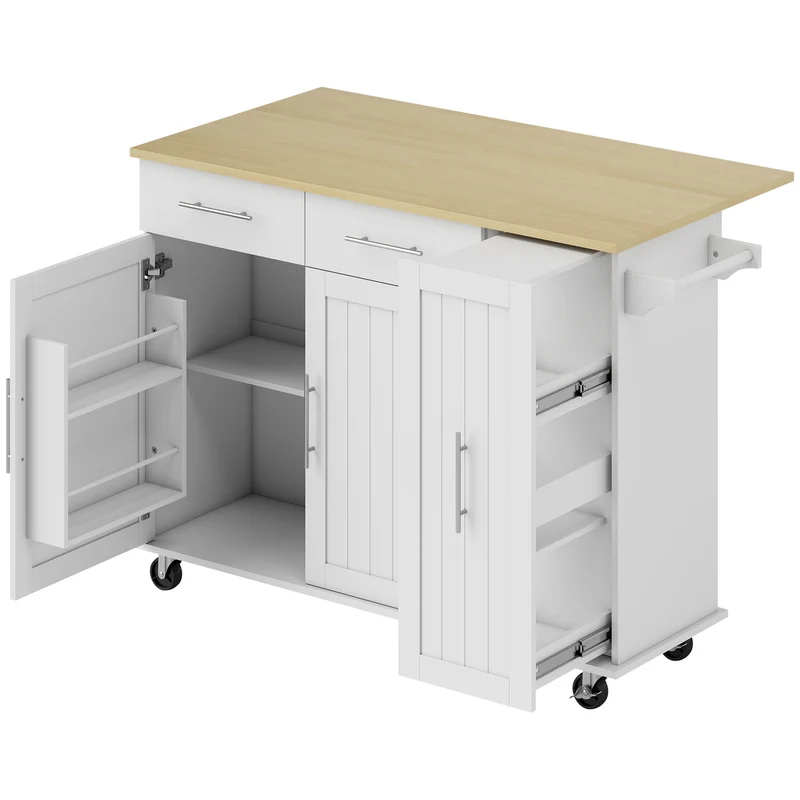 Isola per Cucina 129x65x91 cm a 5 Ruote con Portasciugamani 2 Cassetti 4 Ripiani e Armadietto in Legno Bianco