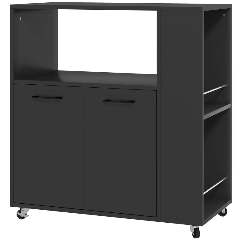 Carrello Cucina 75x40x80,5 cm con Ripiano Aperto Armadietto e Scaffale Laterale in Legno Nero