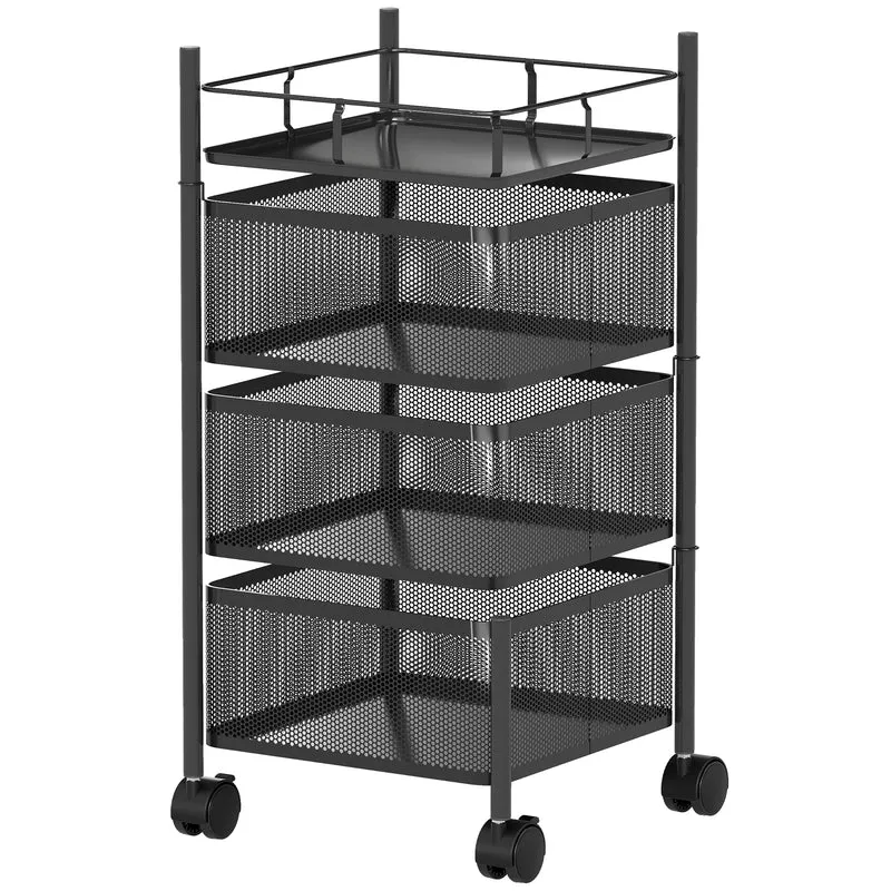 Carrello Cucina a 3 Livelli 27,5x27,5x62 cm con Cestini in Metallo Girevoli Ruote e Freno Nero