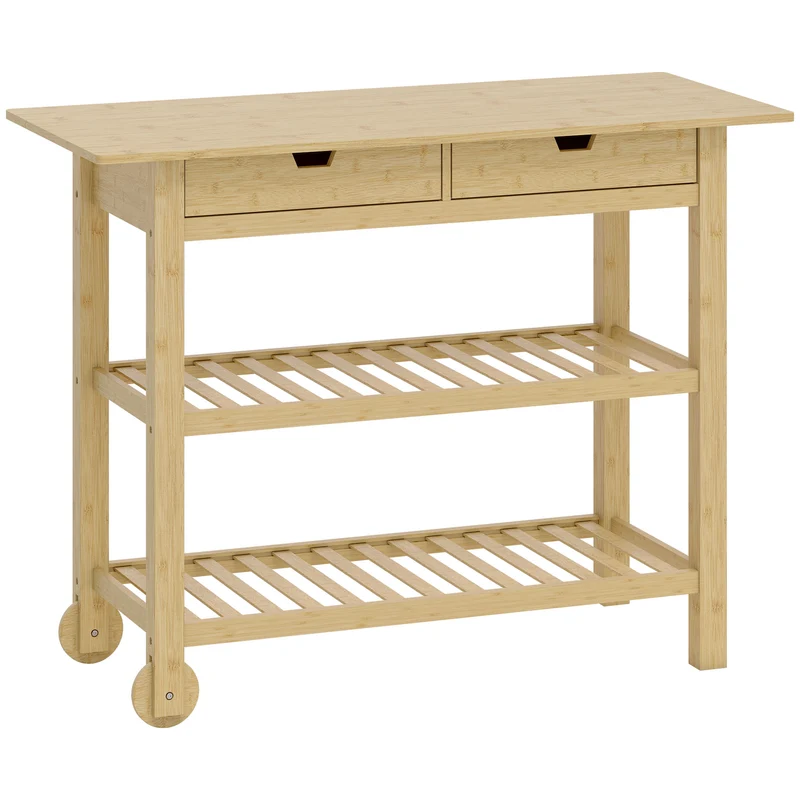 Carrello Cucina 100x43x75 cm con 2 Cassetti 2 Ripiani a Doghe e 2 Rotelle in Legno di Bambù