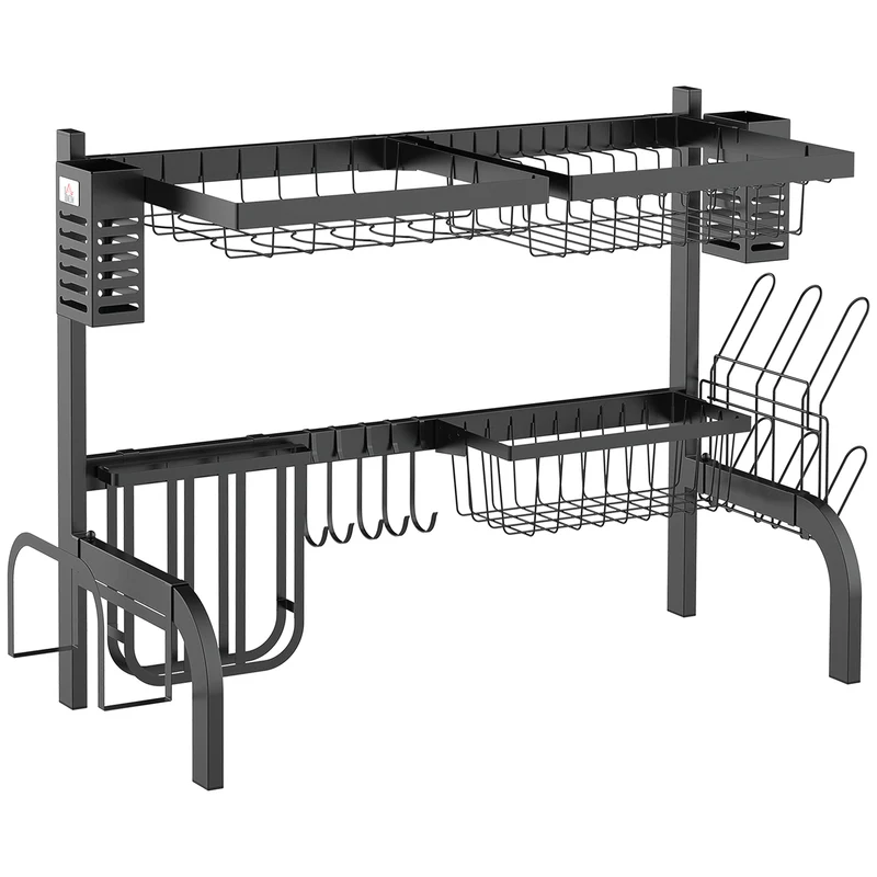 Scolapiatti da Lavello Modulabile a 2 Livelli con Piedini Antiscivolo 65x31,5x52,5 cm in Acciaio Nero