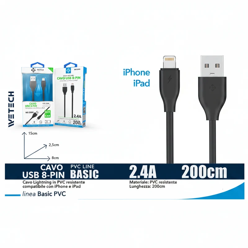 Wetech Cavo Lightning Basic 2.4A 200Cm-Nero