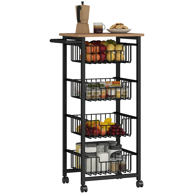 Carrello da Cucina 49,5x31x91 cm con 4 Cestini Estraibili in Acciaio e Legno Rovere e Nero