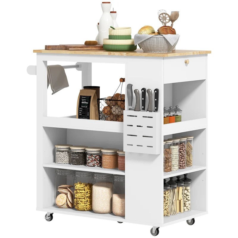 Carrello da Cucina Piano in Legno Isola Multiuso con Portaspezie e Portasciugamani 86,5x47x88 cm in Legno Bianco