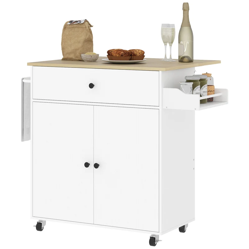 Carrello da Cucina Piano a Ribalta Isola Multiuso con Portaspezie e Portasciugamani 106x42x87 cm Rivestimento in Melamina Bianco