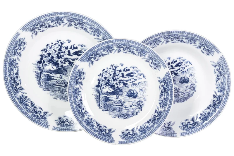 Servizio Piatti 18 Pezzi in Porcellana con Decori Collection Old England Bianco/Blu