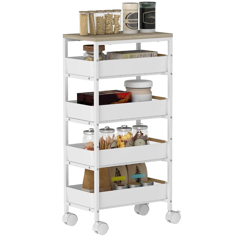 Carrello da Cucina a 5 Livelli 39,5x24x82 cm con 4 Cesti Estraibili in PP e Legno Bianco