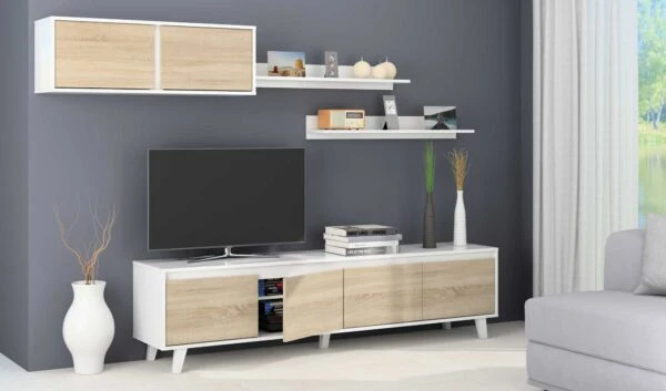 Mobile Soggiorno Avant 200x41x50h (base) bianco lucido/rovere canadian