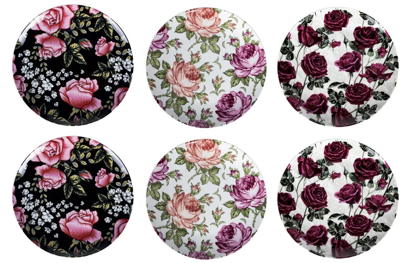 Set 6 Piatti Piani Ø26,5x3 cm in Porcellana e Gres VdE Tivoli 1996 Rose Baroque