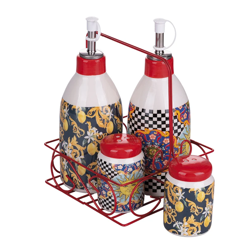 Menage Set Olio Aceto Sale e Pepe in Ceramica VdE Tivoli 1996 Italian Beauty