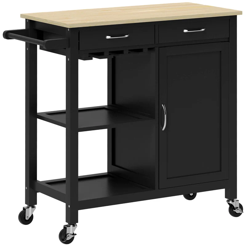 Carrello da Cucina Salvaspazio 89x40x84 cm con Cassetti Ripiani e Ruote in MDF e Legno Nero