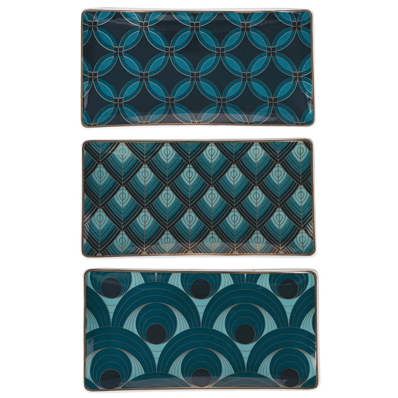 Set 3 Vassoi 24,5x13x2 cm in Ceramica VdE Tivoli 1996 Vetiver Ottanio Nero e Oro