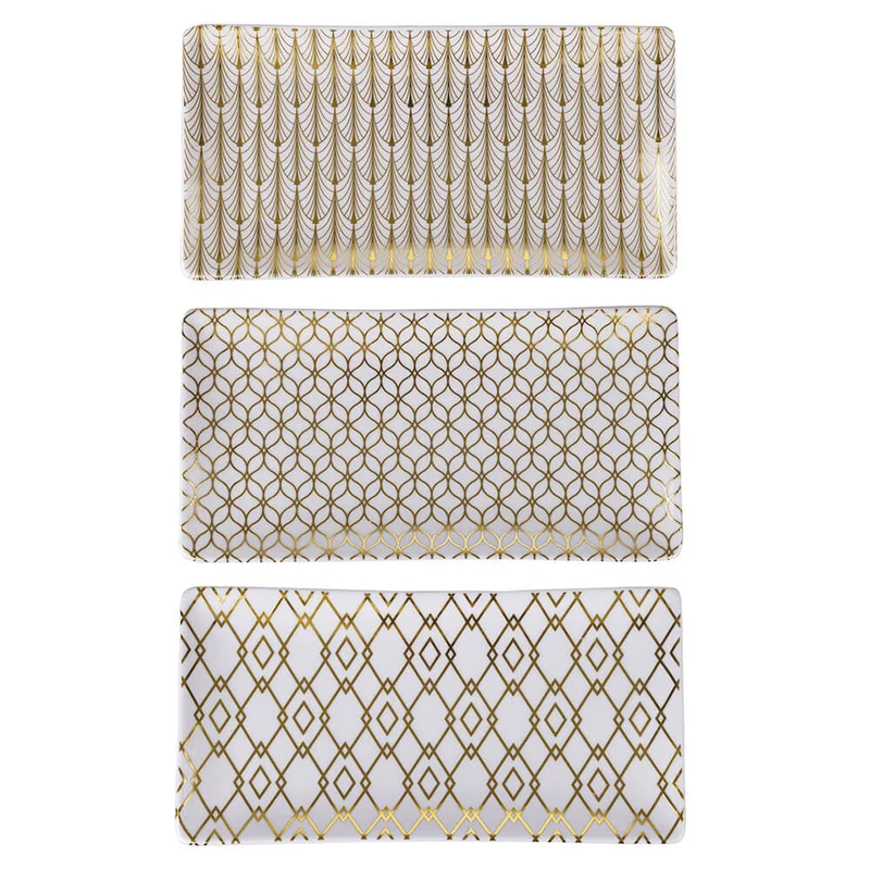 Set 3 Vassoi 24,5x12,6x2 cm in Ceramica VdE Tivoli 1996 Charleston Bianco e Oro