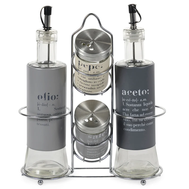 Menage Set Olio Aceto Sale e Pepe in Vetro e Metallo VdE Tivoli 1996 con Stand