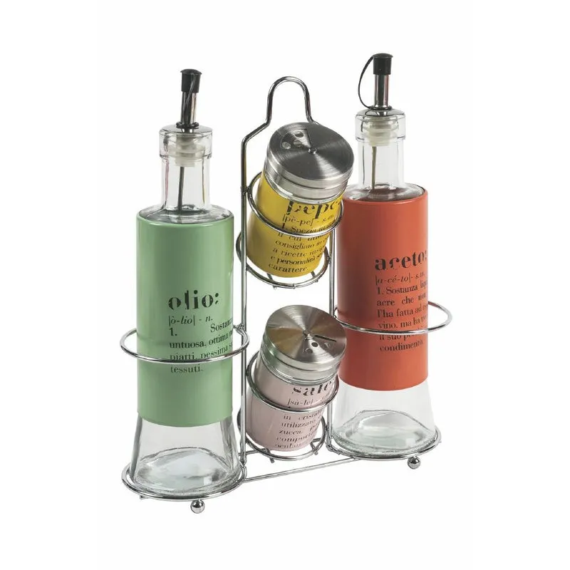 Menage Set Olio Aceto Sale e Pepe in Vetro e Metallo VdE Tivoli 1996 con Stand