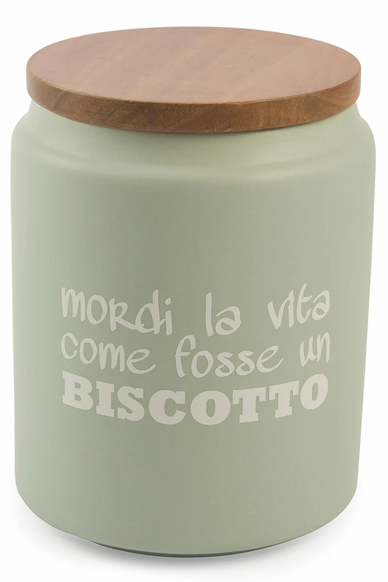 Biscottiera con Scritta Ø14x18 cm in Gres con Coperchio in Bambù VdE Tivoli 1996