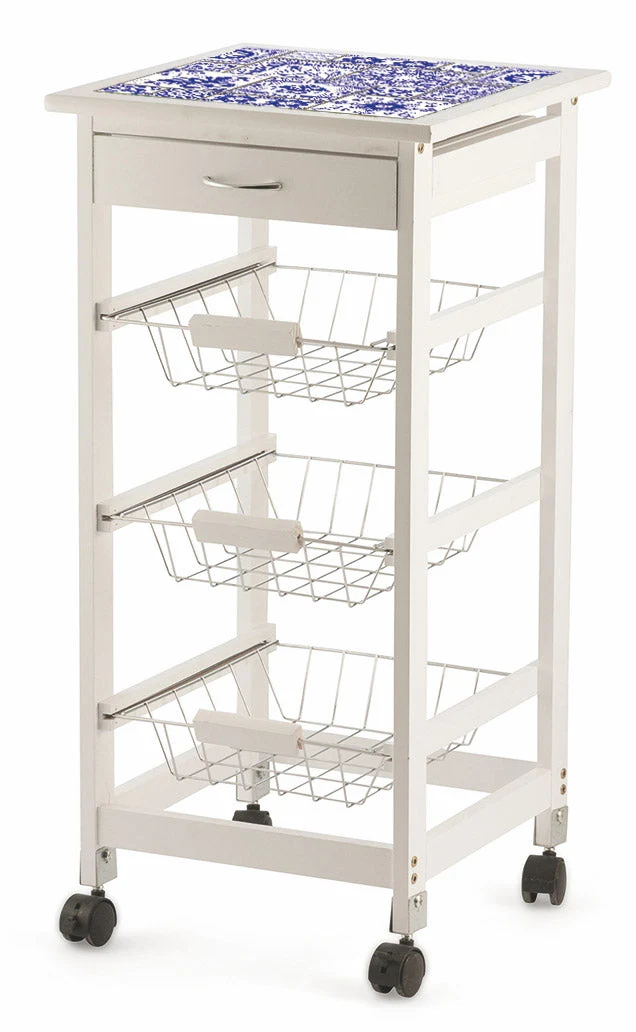 Carrello da Cucina Salvaspazio 37x37x76 cm 3 Ceste in Legno Soriani Mattonelle Bianco