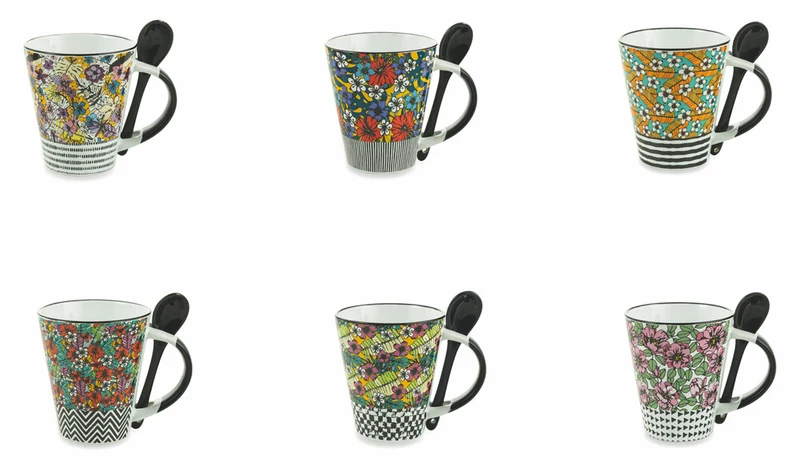 Set 20 Tazze con Cucchiaino Ø8,5x10 cm in Gres Villa d'Este Home Tivoli Carribbean Queen Vari Colori