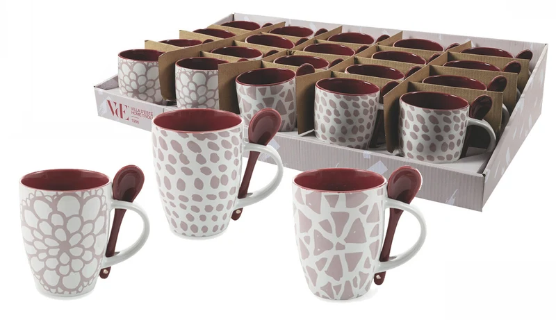 Set 20 Tazze con Cucchiaino Ø8x10 cm in Ceramica Villa d'Este Home Tivoli Aurora Bianco e Viola