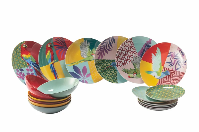 Servizio Piatti 18 Pezzi in Porcellana e Gres Multicolor Villa d'Este Home Tivoli Parrot Groove