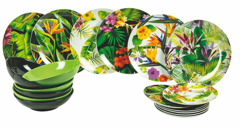Servizio Piatti 18 Pezzi in Porcellana e Gres Villa d'Este Home Tivoli Tropical Jungle Multicolor