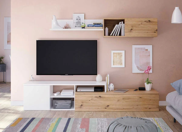 Mobile soggiorno tv rovere nodi bianco cm.221x40x44h
